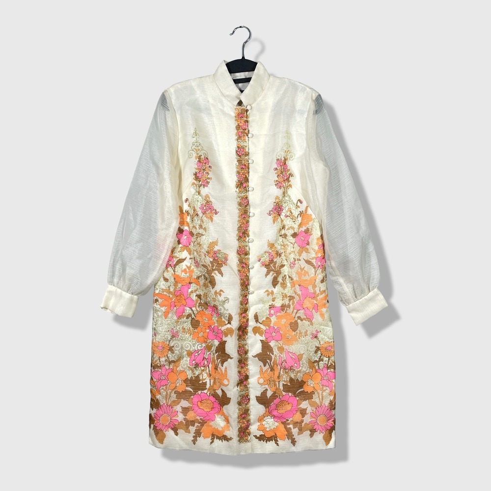 Alfred Shaheen Dress Womens M Cream‎ Pink Orange Floral Vintage 60s Mod Boho